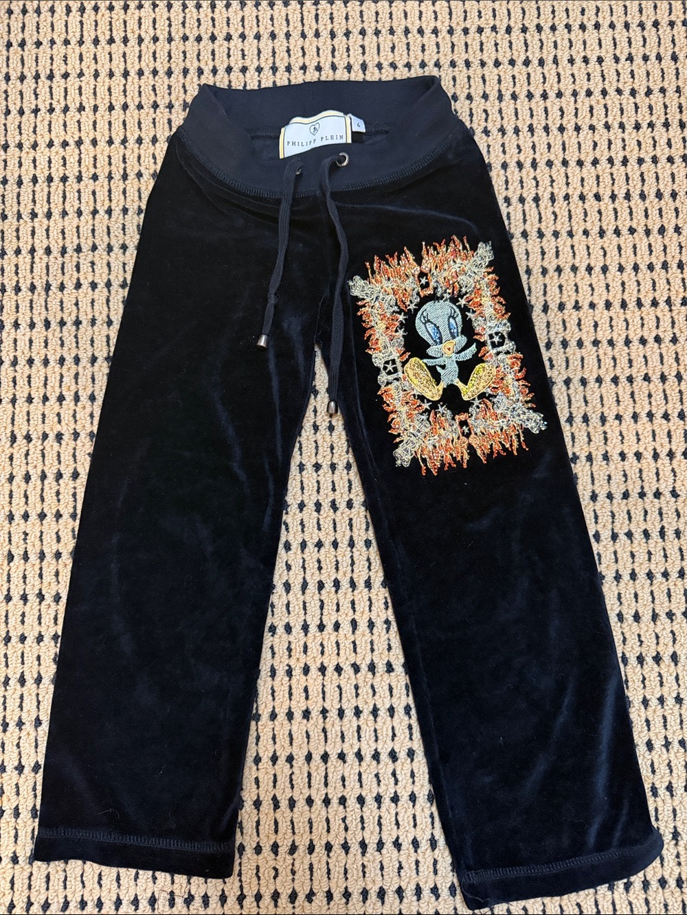 Philipp Plein Black Velour Joggers with Colorful Tweety Embroidery